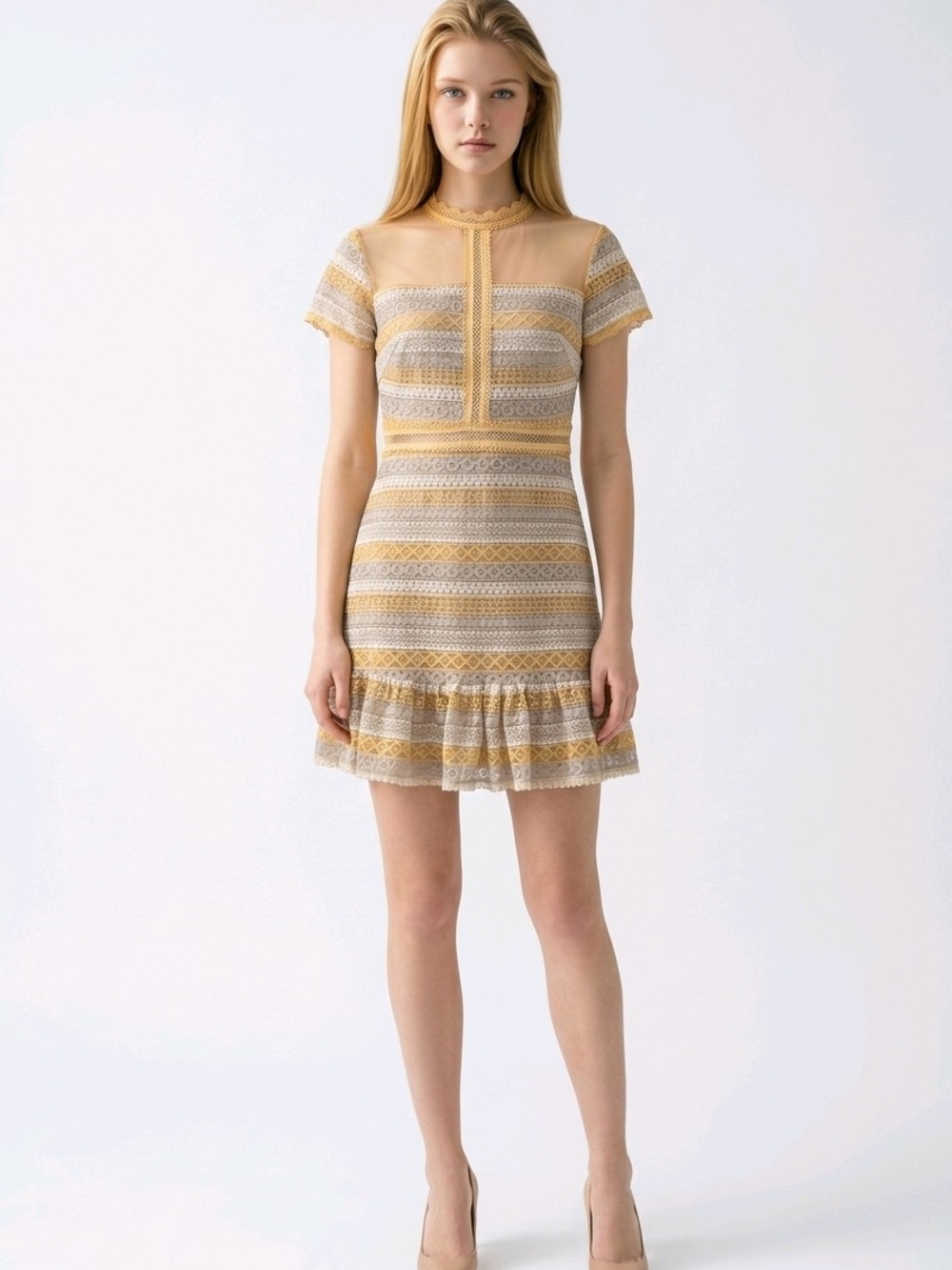 Francesca's Collections Yellow and Cream Lace Stripe Short Sleeve Dress